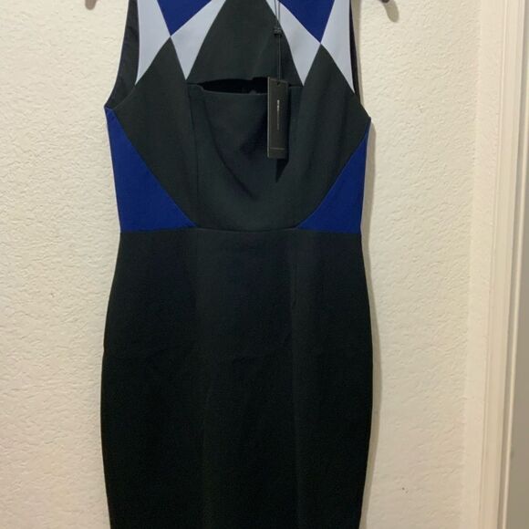 BCBGMaxAzria Geometric Cutout Cocktail Dress Black Blue Sleeveless Tailored 4 - Picture 5 of 14